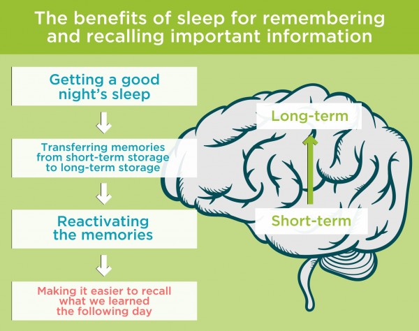 The benefits of sleep for remembering and recalling important information The benefits of sleep for remembering and recalling important information. By Recharge Energy. CC BY-SA 4.0