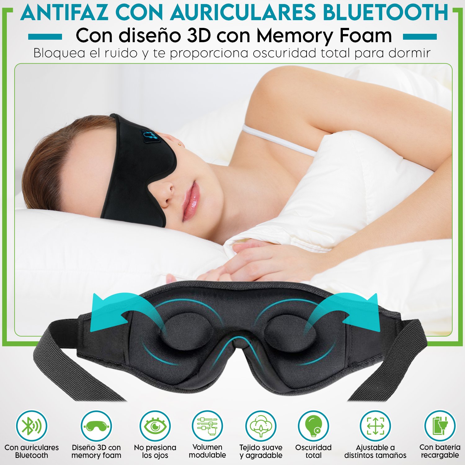 Antifaz para dormir con auriculares y conexión Bluetooth. Curiosite